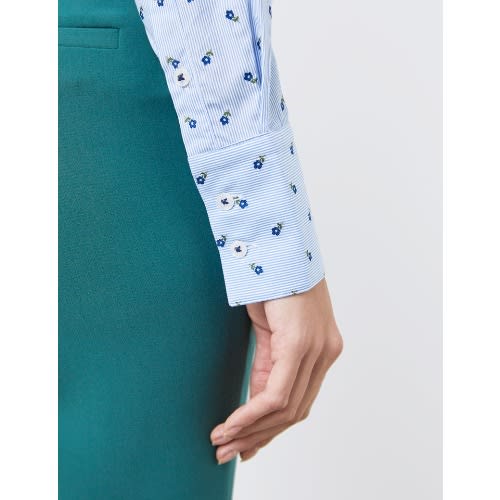Women's Light Blue & Dark Blue Dobby Little Flowers Fitted Shirt - Single Cuff