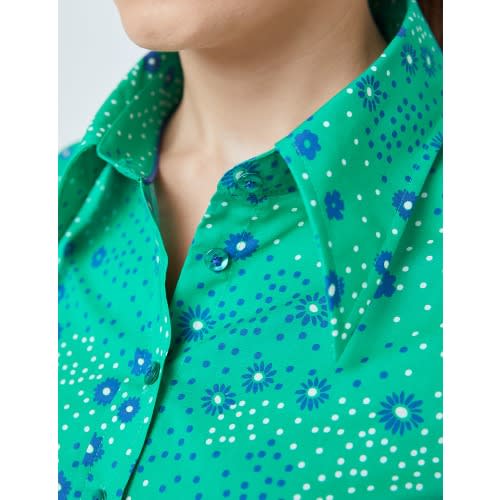 Women's  Daisy Print Semi Fitted Shirt - Green & Navy