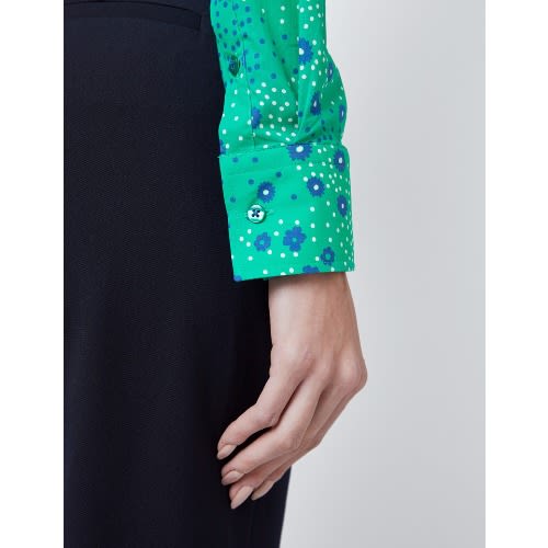Women's  Daisy Print Semi Fitted Shirt - Green & Navy