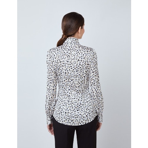Women's Leopard Print Satin Blouse - Beauty Bow - White & Black