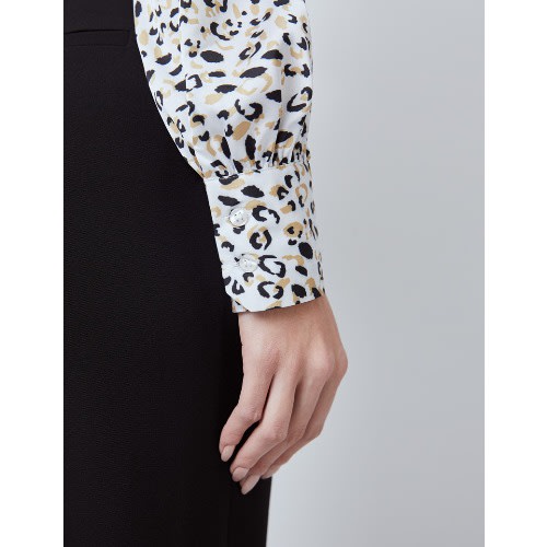 Women's Leopard Print Satin Blouse - Beauty Bow - White & Black