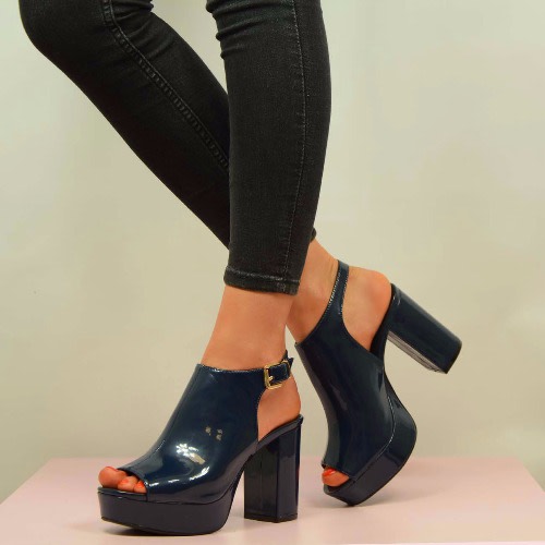 Women's Sling Back Peep Toe  Platform Heels -  Navy Blue