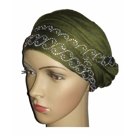 Silky Soft Regal Front Studded Turban with Chain Link Design - Olive Green