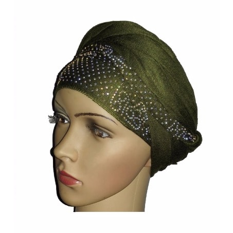 Silky Soft Regal Front Studded Turban with Vendla Print - Olive Green