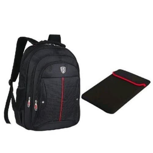 Compartment Water Resistant Backpack - Black + Laptop Sleeve Pouch
