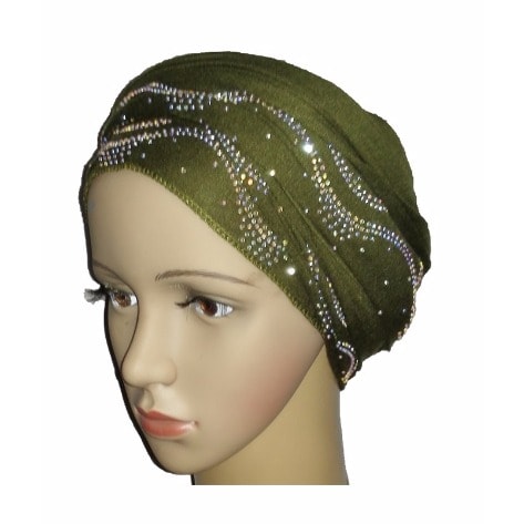 Silky Soft Regal Front Studded Turban with Ocean Wave Design - Olive Green