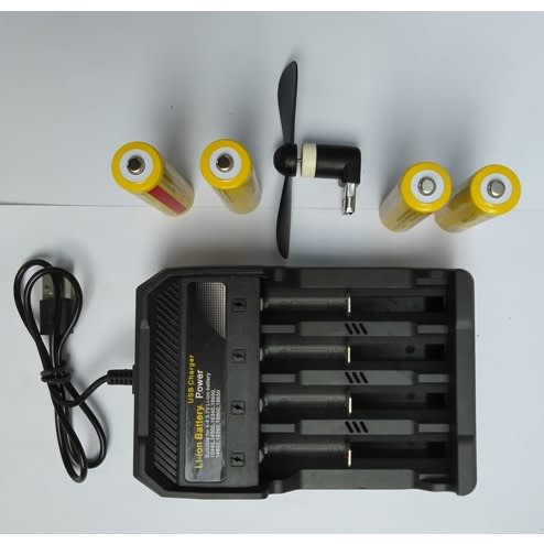 4 Slot Li-ion Battery Charger & Battery + Free USB Fan