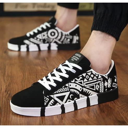 Men's Aztec Canvas Casual Lace Up Sneakers - Black/white