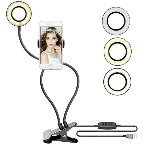 2 In 1 Cell Phone Holder Bracket With Led Selfie Ring Light - Black