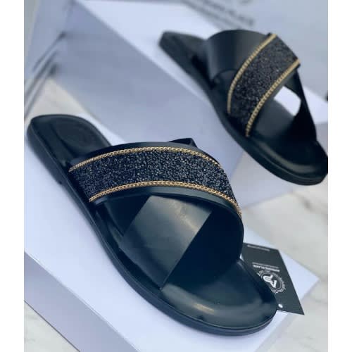 Classy Male Black Bling Leather Slipper