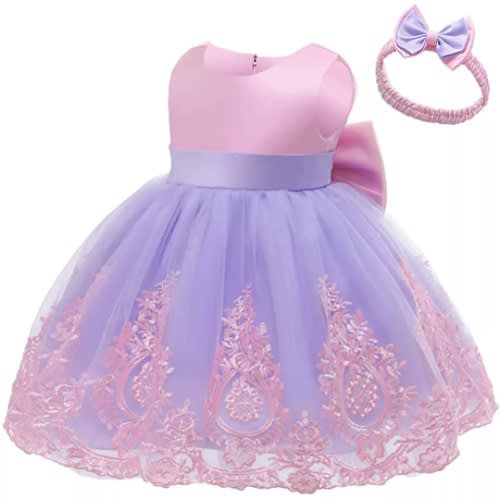 Girl's Super Lace Design With Bow - Purple And Pink