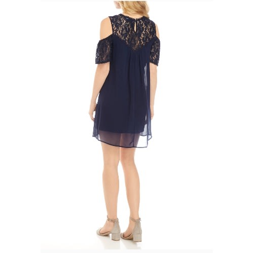 Junior Cold Shoulder Lace Shift Short Length Dress-navy Blue( For 7-16yrs)