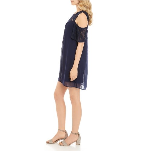 Junior Cold Shoulder Lace Shift Short Length Dress-navy Blue( For 7-16yrs)