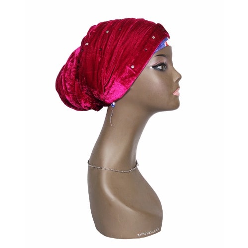 Classic Stone Studded Velvet Cap Wrap Turban - Wine