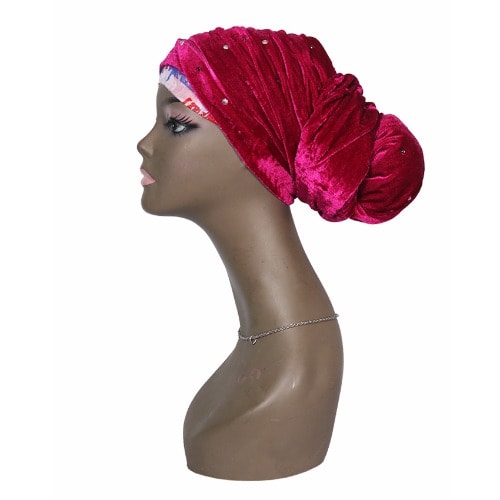 Classic Stone Studded Velvet Cap Wrap Turban - Wine