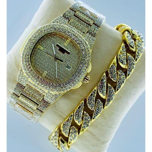Keep Moving Stone Iced Men's Wristwatch With Hand Chain - Gold