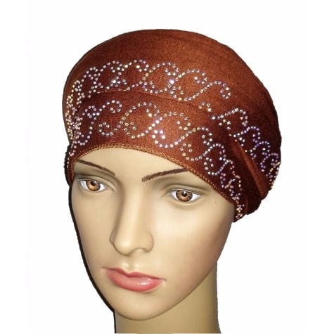 Silky Soft Regal Front Studded Turban with Chain Link Design - Cocoa Brown