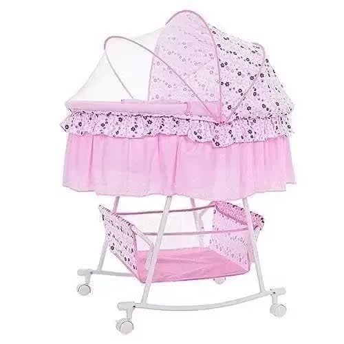 Baby Cot Cradle Bassinet With 4 Wheel And Storage - Pink