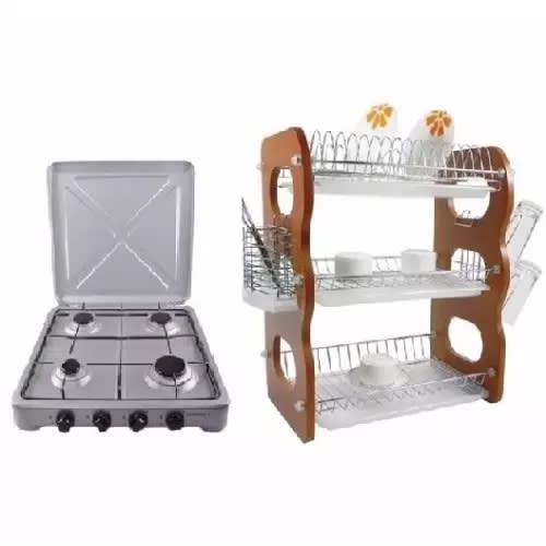 4 Burner Table Top Cooker + 3 Tier Wooden Dish Rack With Drainer