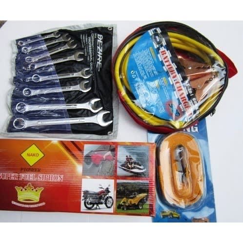 Fuel Siphon Pumps With Auto Jumper Booster Cable + Tow Rope & Spanner Wrench Set Bundle