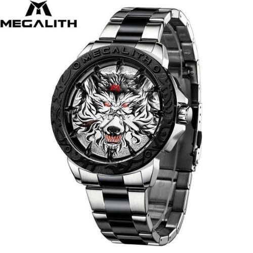 Men's Wolf Head Embossed Luxury Stainless Steel Waterproof Luminous Watch - Silver & Black