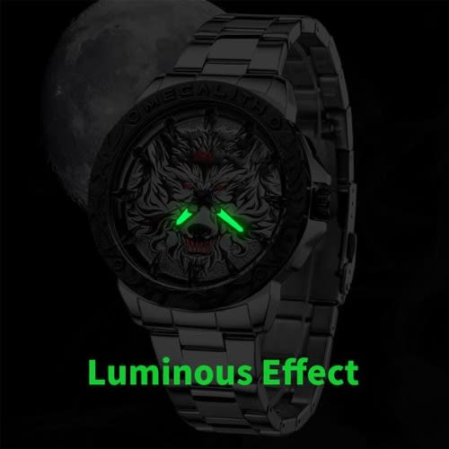 Men's Wolf Head Embossed Luxury Stainless Steel Waterproof Luminous Watch - Silver & Black