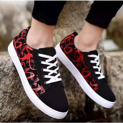Men's Print Canvas Casual Lace Up Sneakers - Black/ Red