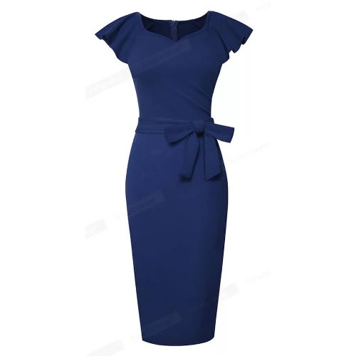 Flutter Sleeve Belt Pencil Dress- Blue