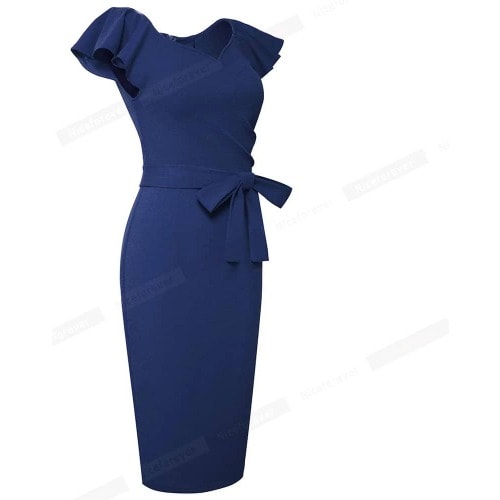 Flutter Sleeve Belt Pencil Dress- Blue