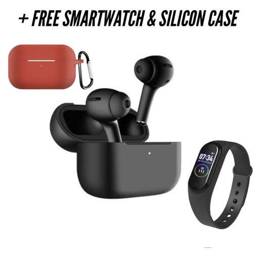 Black Bluetooth Earphones + Smartwatch And Free Silicon Case