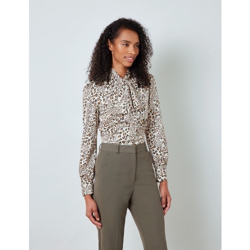 Women's Leopard Print Satin Blouse - Pussy Bow - Cream & Black