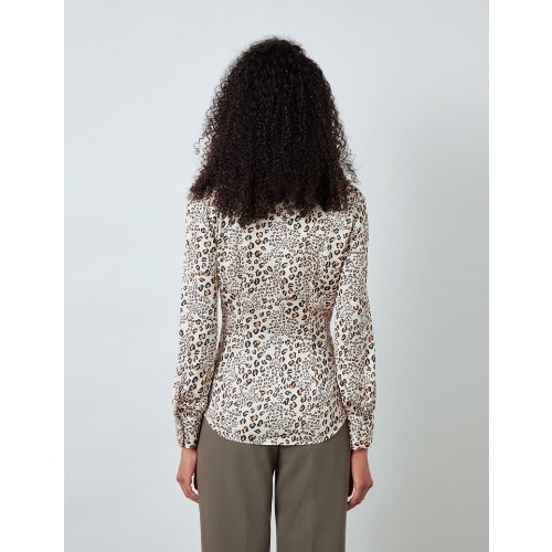 Women's Leopard Print Satin Blouse - Pussy Bow - Cream & Black