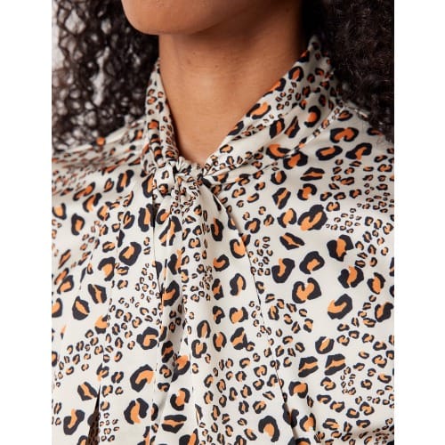 Women's Leopard Print Satin Blouse - Pussy Bow - Cream & Black