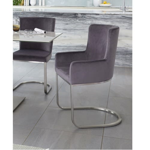 Danetti - Velvet And Brushed Steel Cantilever Dining Armchair -  Dark Grey