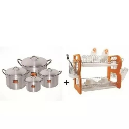 2 Tiers Plate Rack And 4 Pot Set Bundle