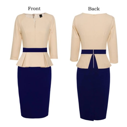 Front Zip Peplum Dress- Beige & Blue