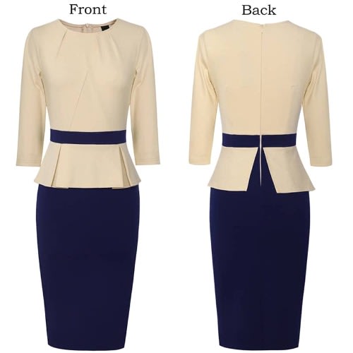 Pleat Neck Peplum Dress- Beige& Blue
