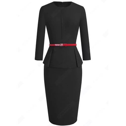 Peplum Belted Pencil Dress- Black