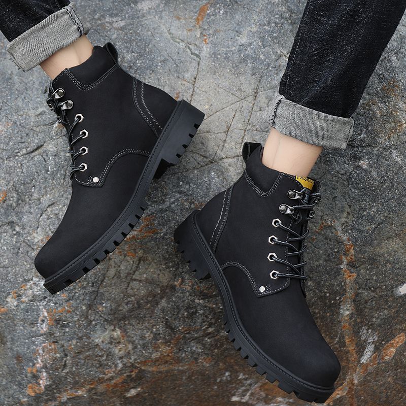 Men's Warm Leather Boots  High-top Leather Shoe - Black