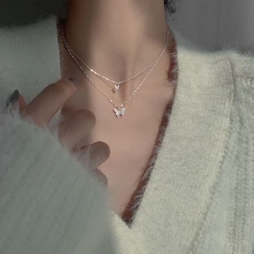 Fashion Double Layered Butterfly Pendant Necklace- Silver