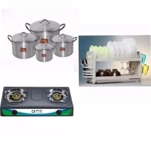 Table Top Gas Cooker, Set Of Pots & Plate Rack Kitchen Bundle