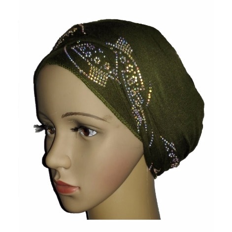 Silky Soft Regal Front Studded Turban with Orbital Print - Olive Green