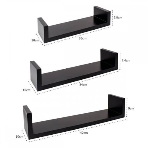 Black U Shaped Floating Wall Shelves - 3pieces