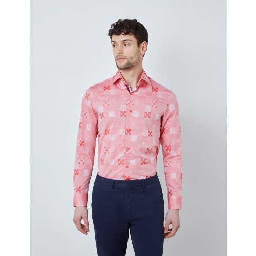 Men's Red Spots & Patchwork Slim Fit Shirt – Medium Collar