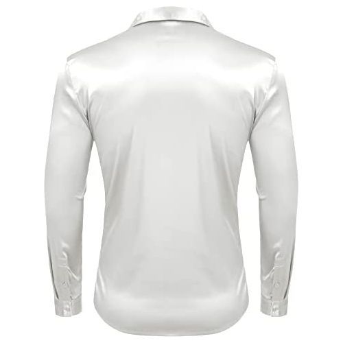 Men's Off White Button Down Long Sleeve Shirt Shiny Silky Wedding Satin Dress