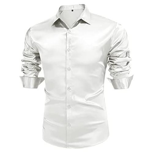 Men's Off White Button Down Long Sleeve Shirt Shiny Silky Wedding Satin Dress