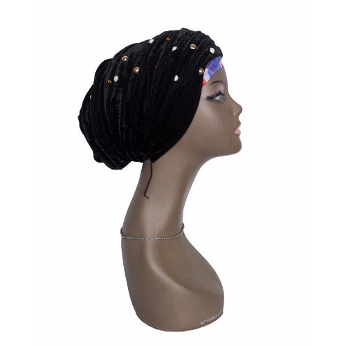 Studded Metallic Velvet Cap Wrap Turban - Black