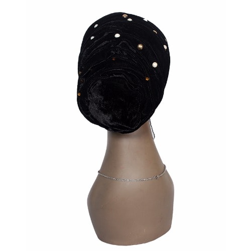 Studded Metallic Velvet Cap Wrap Turban - Black