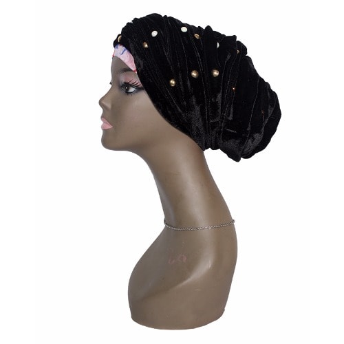 Studded Metallic Velvet Cap Wrap Turban - Black
