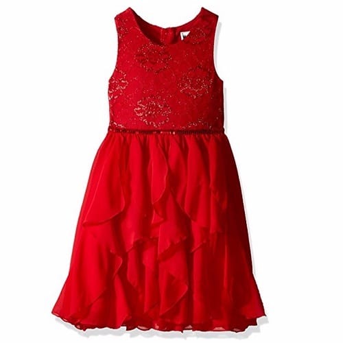 Girls Sleeveless Lace to Chiffon Waterfall Dress with Sequin Waist